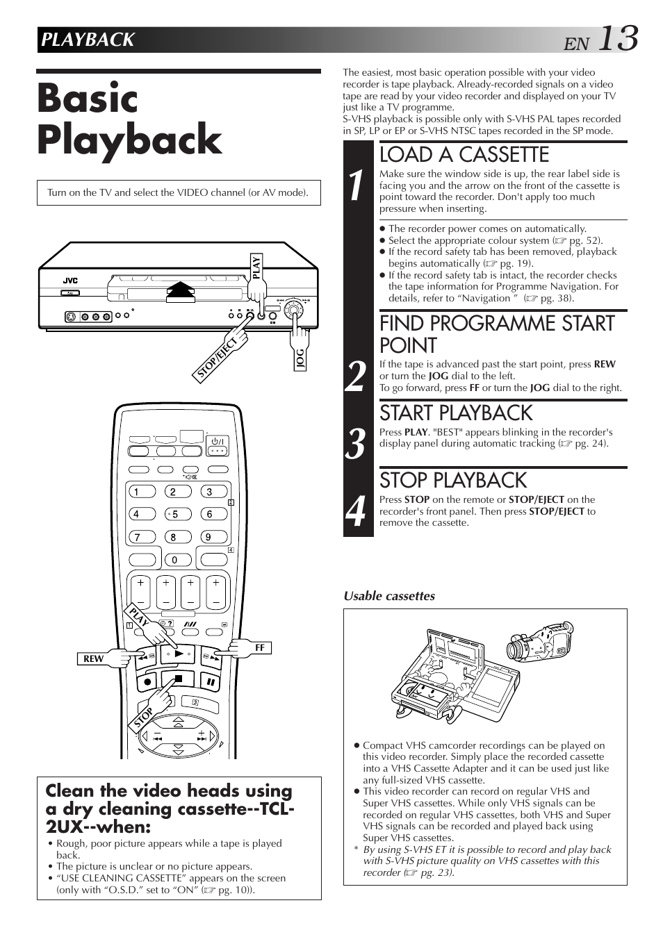 Basic playback, Load a cassette, Find programme start point | Start playback, Stop playback, Playback | JVC 0701MNV*ID*PJ User Manual | Page 13 / 68