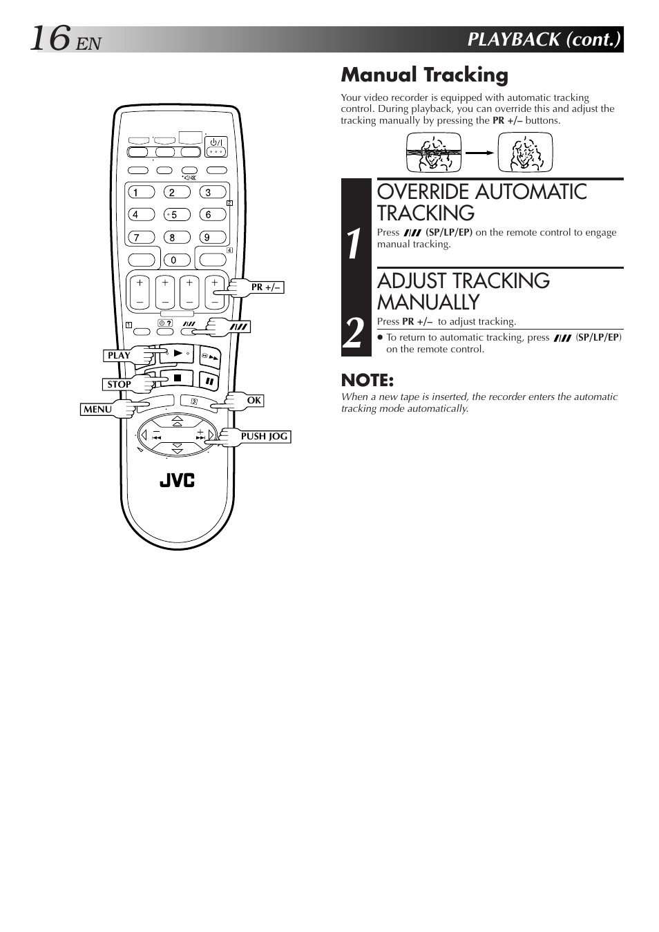 Override automatic tracking, Adjust tracking manually, Playback (cont.) | JVC 0701MNV*ID*PJ User Manual | Page 16 / 68