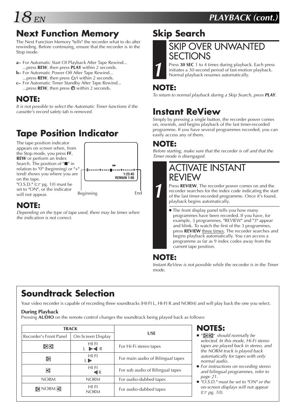 Activate instant review, Playback (cont.), Tape position indicator | Skip search soundtrack selection, Instant review | JVC 0701MNV*ID*PJ User Manual | Page 18 / 68