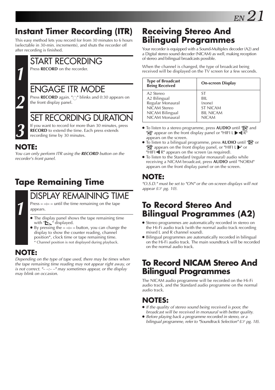 Start recording, Engage itr mode, Set recording duration | Display remaining time, Receiving stereo and bilingual programmes, Instant timer recording (itr), Tape remaining time | JVC 0701MNV*ID*PJ User Manual | Page 21 / 68