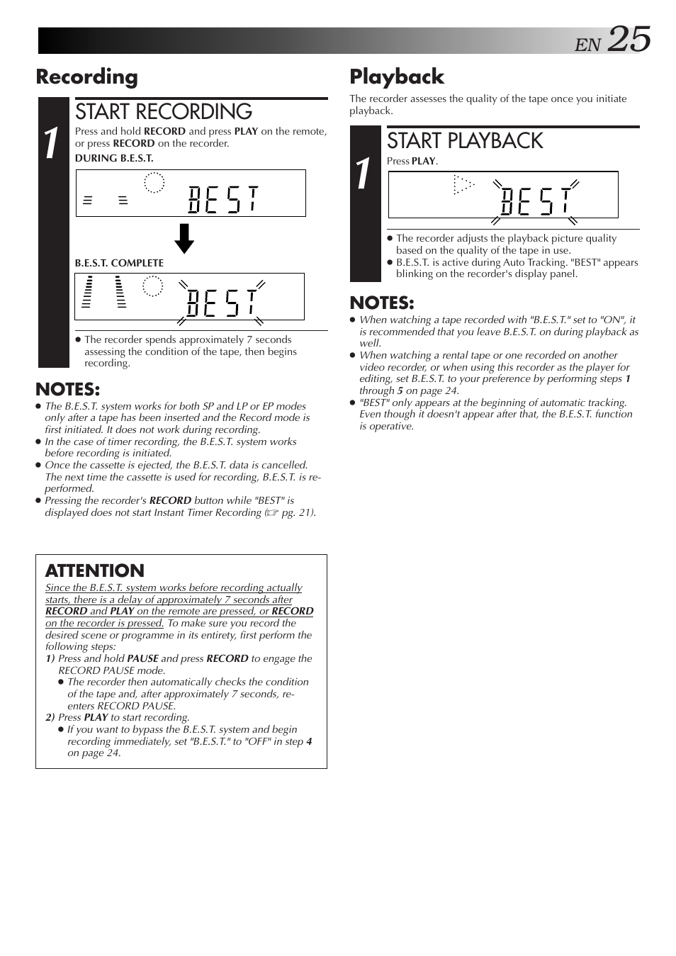 Start recording, Start playback, Recording | Playback, Attention | JVC 0701MNV*ID*PJ User Manual | Page 25 / 68