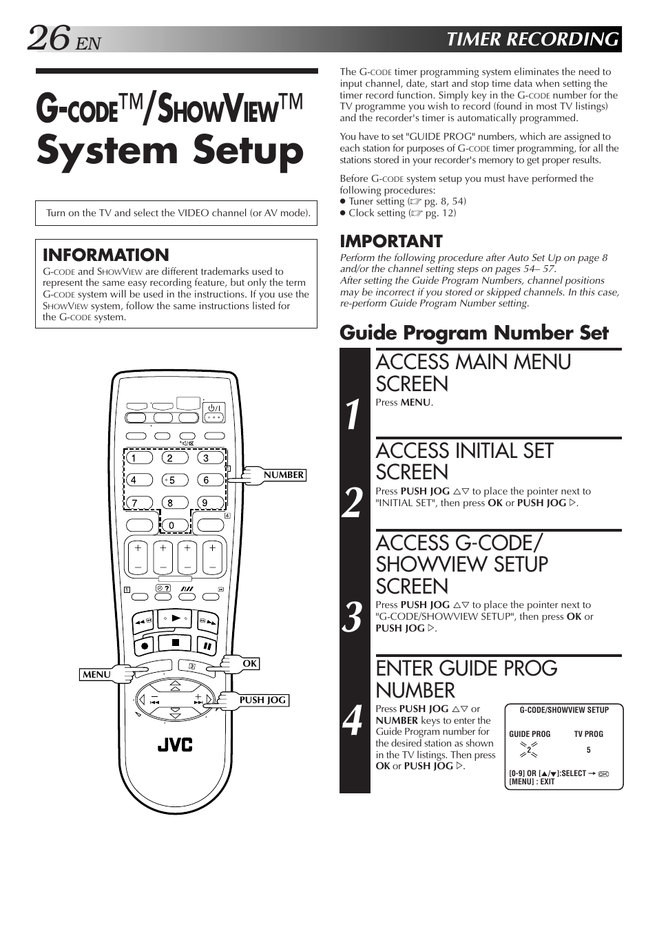 G-code™/showview™ system setup, System setup, Code | Access main menu screen, Access initial set screen, Access g-code/ showview setup screen, Enter guide prog number, Timer recording, Guide program number set | JVC 0701MNV*ID*PJ User Manual | Page 26 / 68