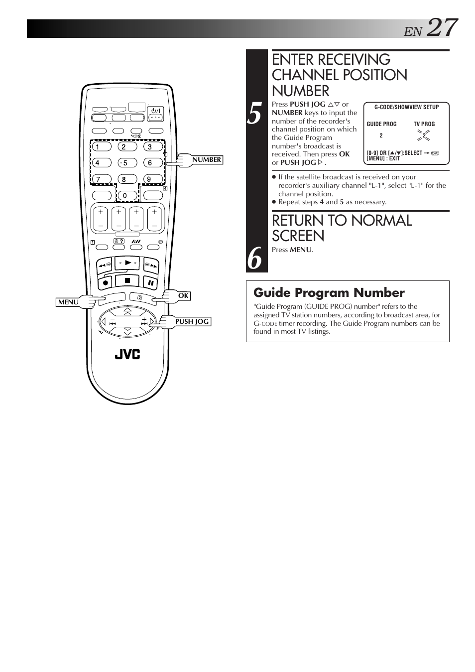 Enter receiving channel position number, Return to normal screen, Guide program number | JVC 0701MNV*ID*PJ User Manual | Page 27 / 68