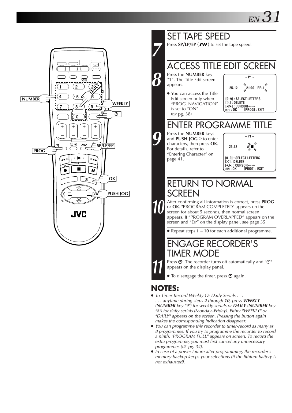 Set tape speed, Access title edit screen, Enter programme title | Return to normal screen, Engage recorder's timer mode | JVC 0701MNV*ID*PJ User Manual | Page 31 / 68