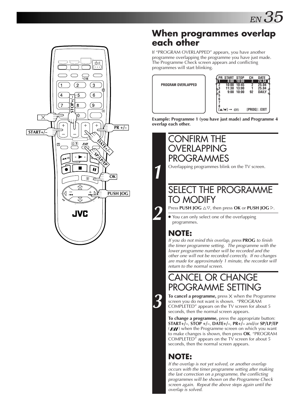 Confirm the overlapping programmes, Select the programme to modify, Cancel or change programme setting | When programmes overlap each other | JVC 0701MNV*ID*PJ User Manual | Page 35 / 68