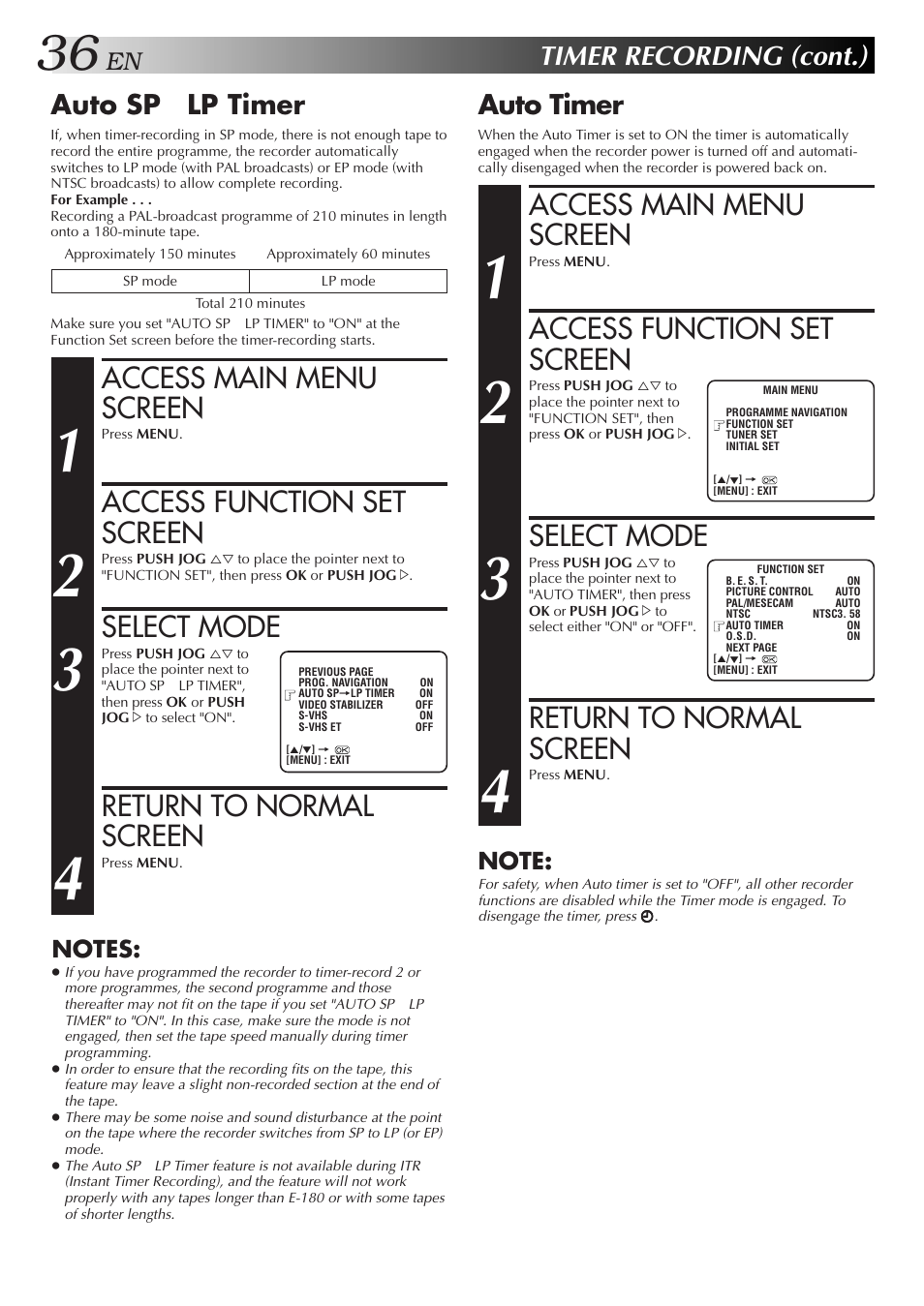 Access main menu screen, Access function set screen, Select mode | Return to normal screen, Timer recording (cont.), Auto timer, Auto sp → lp timer | JVC 0701MNV*ID*PJ User Manual | Page 36 / 68