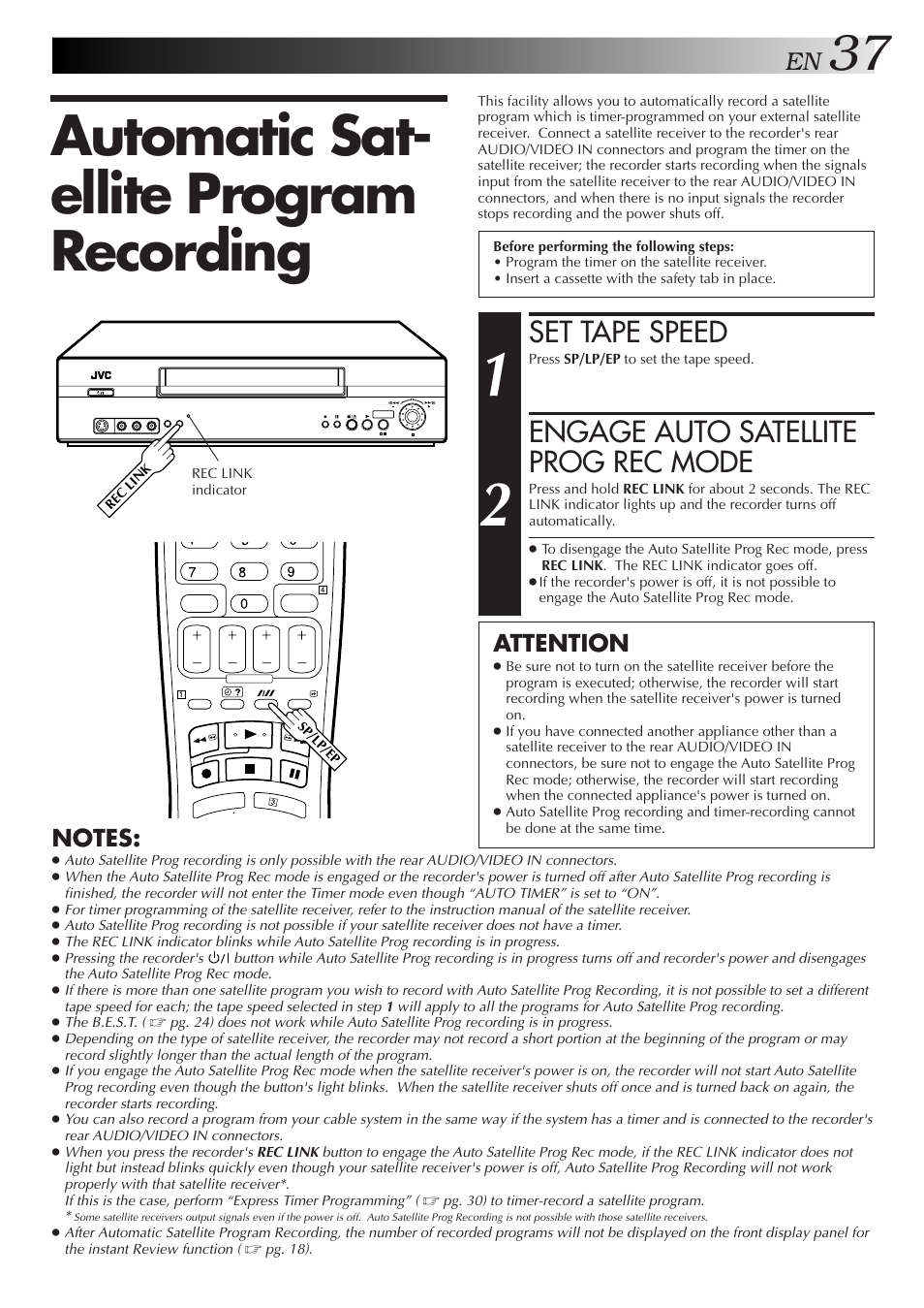 Automatic sat-ellite program recording, Automatic sat- ellite program recording, Set tape speed | Engage auto satellite prog rec mode, Attention | JVC 0701MNV*ID*PJ User Manual | Page 37 / 68