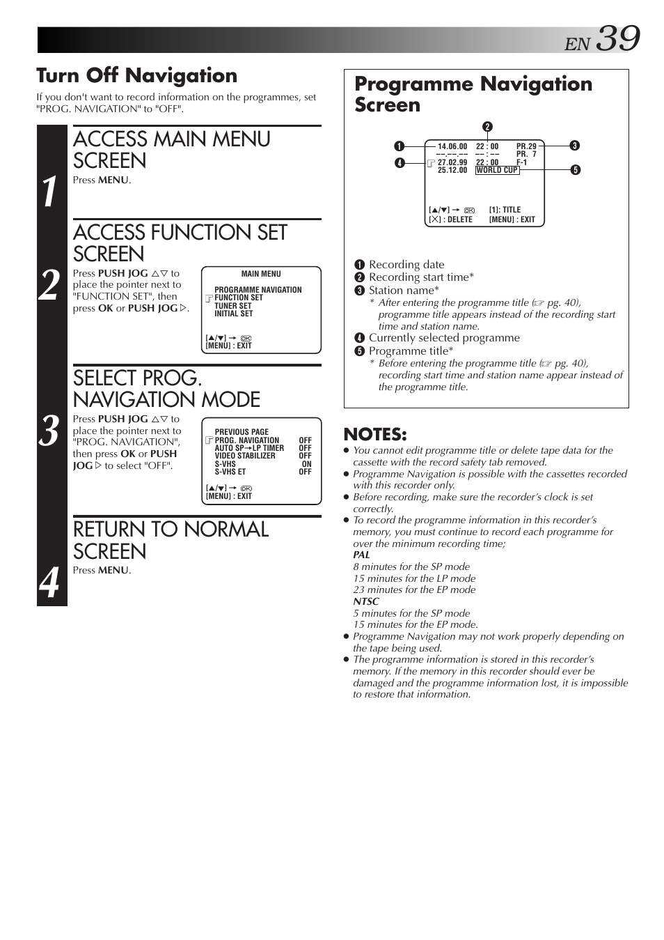 Access main menu screen, Access function set screen, Select prog. navigation mode | Return to normal screen, Turn off navigation, Programme navigation screen | JVC 0701MNV*ID*PJ User Manual | Page 39 / 68