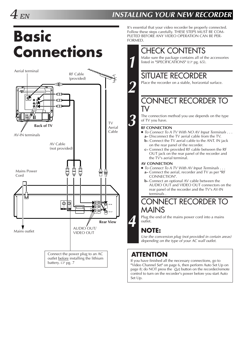 Basic connections, Check contents, Situate recorder | Connect recorder to tv, Connect recorder to mains, Installing your new recorder | JVC 0701MNV*ID*PJ User Manual | Page 4 / 68