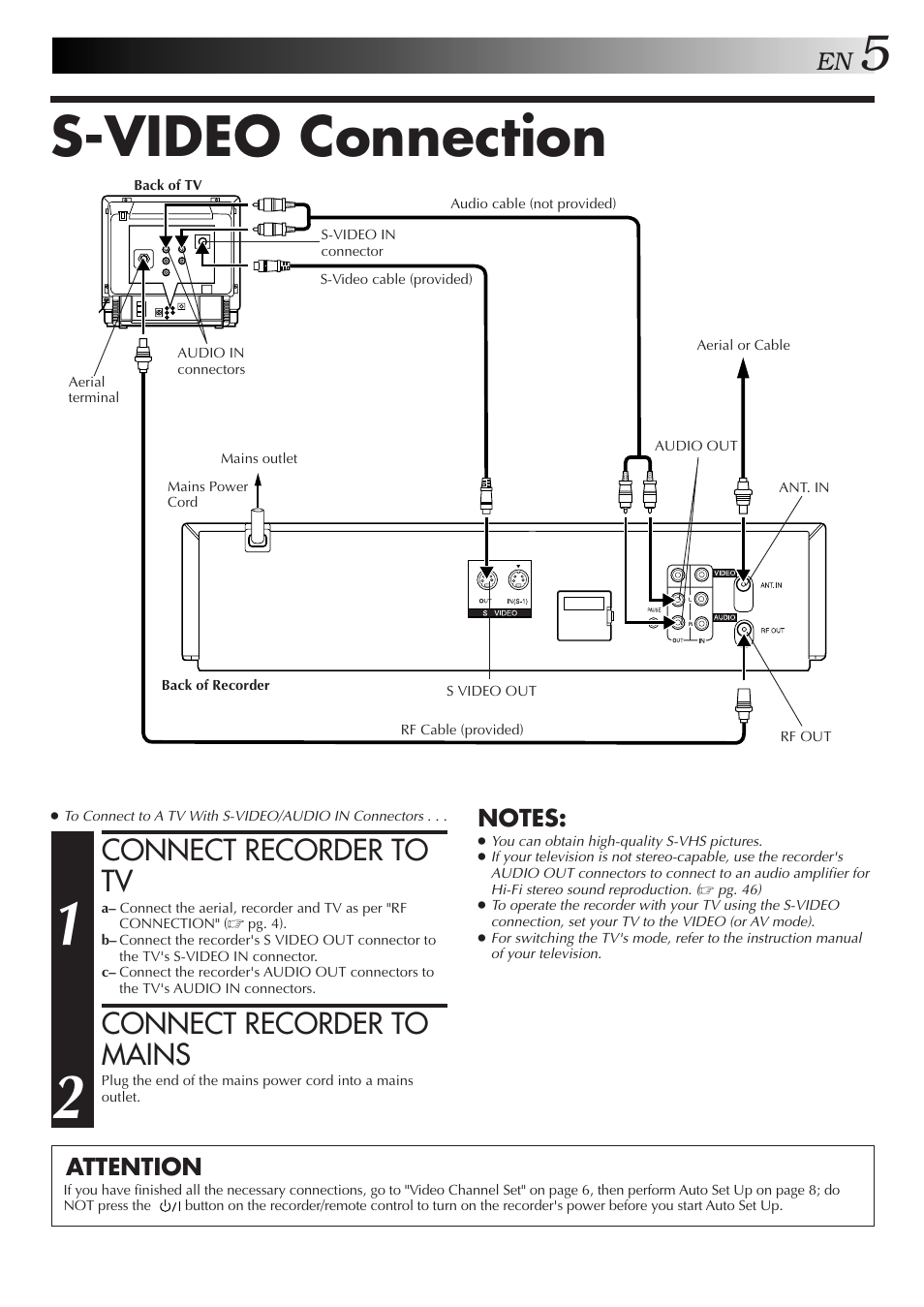S-video connection, Connect recorder to tv, Connect recorder to mains | Attention | JVC 0701MNV*ID*PJ User Manual | Page 5 / 68