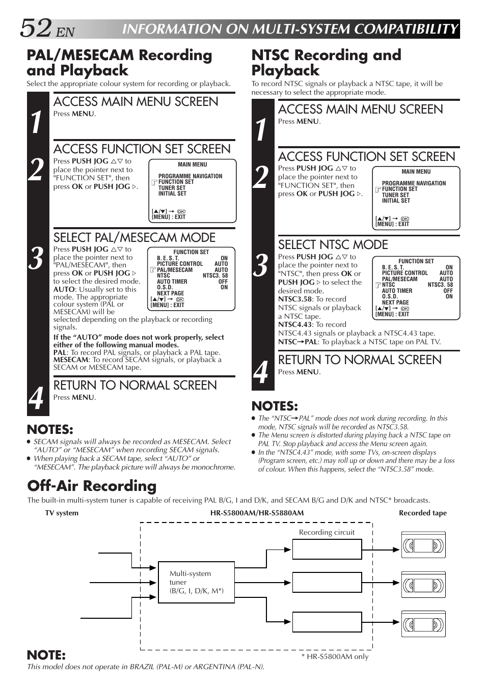 Information on multi-system compatibility, Off-air recording, Pal/mesecam recording and playback | Ntsc recording and playback, Access main menu screen, Access function set screen, Select pal/mesecam mode, Return to normal screen, Select ntsc mode | JVC 0701MNV*ID*PJ User Manual | Page 52 / 68