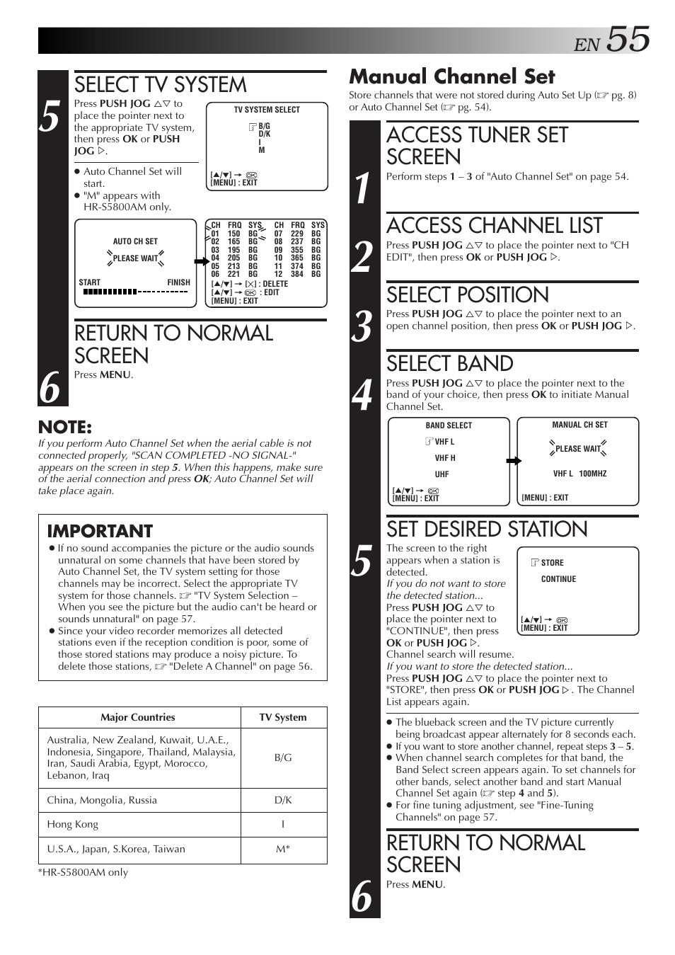 Access tuner set screen, Access channel list, Select position | Select band, Set desired station, Return to normal screen, Select tv system, Manual channel set, Important | JVC 0701MNV*ID*PJ User Manual | Page 55 / 68