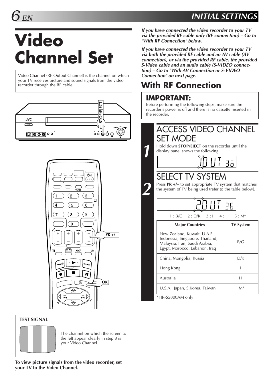 Video channel set, Access video channel set mode, Select tv system | Initial settings, With rf connection | JVC 0701MNV*ID*PJ User Manual | Page 6 / 68