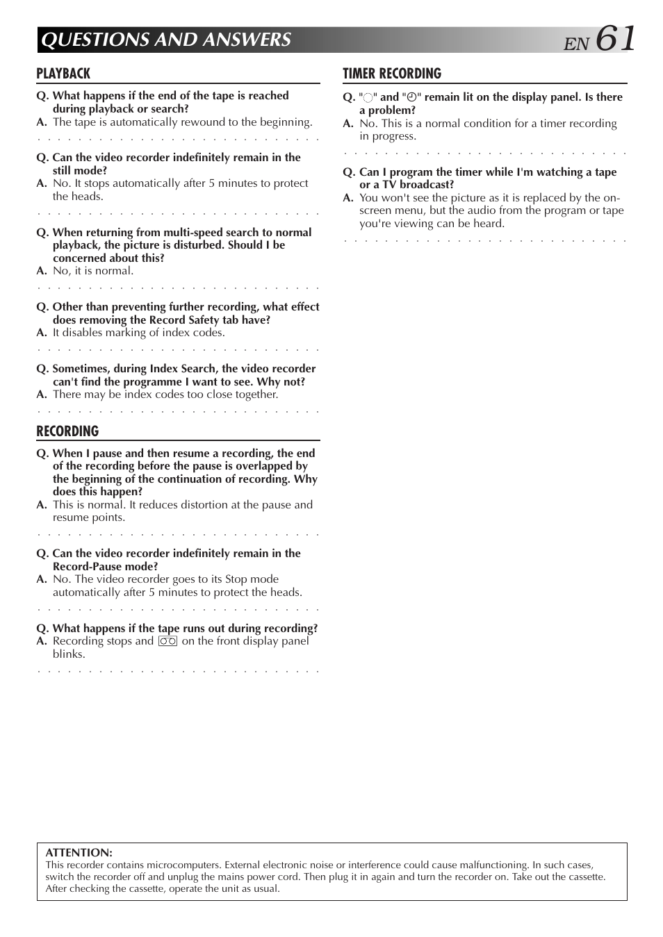 Questions and answers, Playback, Recording | Timer recording | JVC 0701MNV*ID*PJ User Manual | Page 61 / 68