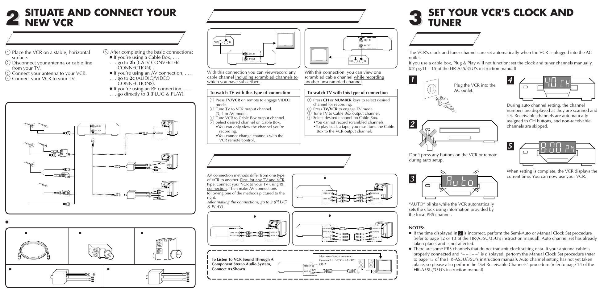 Situate and connect your new vcr, Set your vcr's clock and tuner, A–basic antenna/cable connection | B–catv converter connection plug & play, C–audio/video connections, Connectors which are or may be required, Rf connection | JVC HR-A55U User Manual | Page 2 / 2