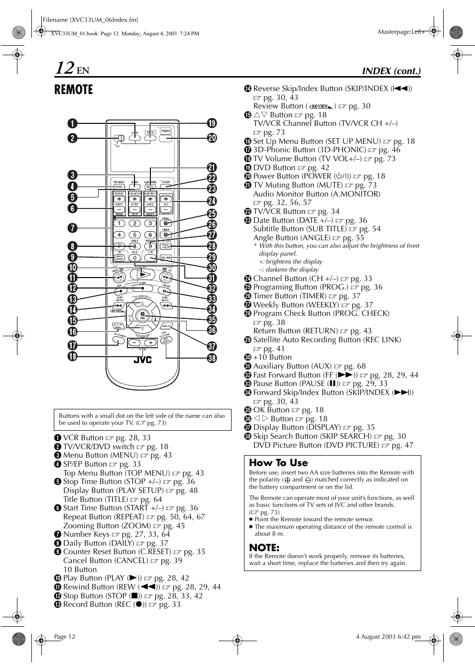 Remote, Index (cont.), How to use | JVC HR-XVC33UM User Manual | Page 12 / 92