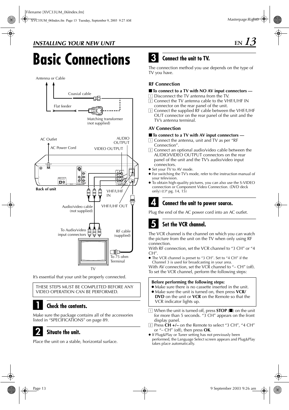 Installing your new unit, Basic connections | JVC HR-XVC33UM User Manual | Page 13 / 92