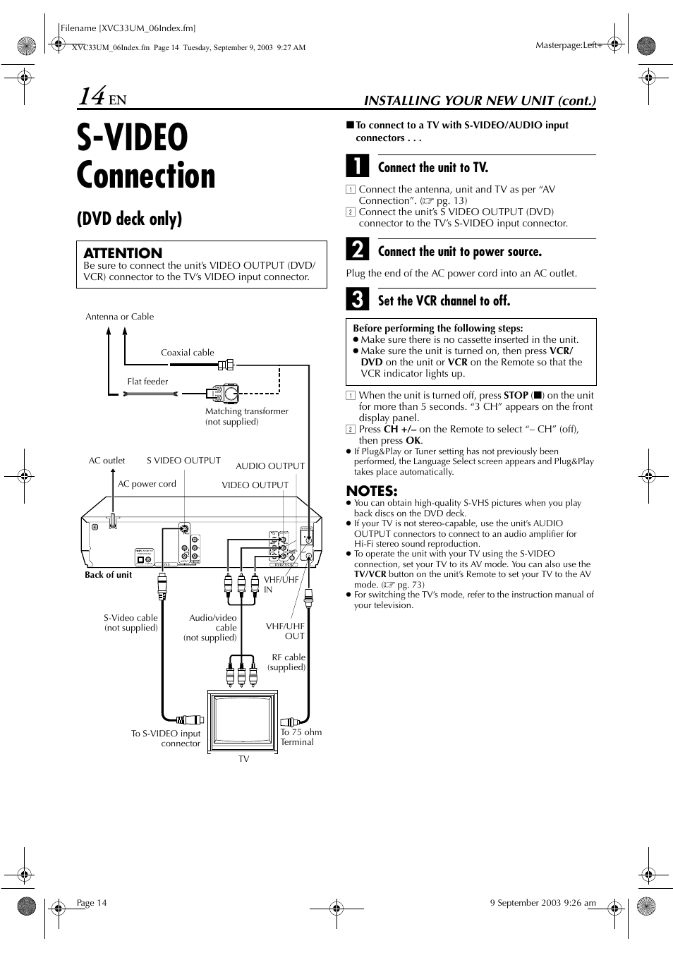 S-video connection (dvd deck only), Only), Pg. 14, 15) | S-video connection, Dvd deck only), Installing your new unit (cont.), Connect the unit to tv, Connect the unit to power source, Set the vcr channel to off, Attention | JVC HR-XVC33UM User Manual | Page 14 / 92