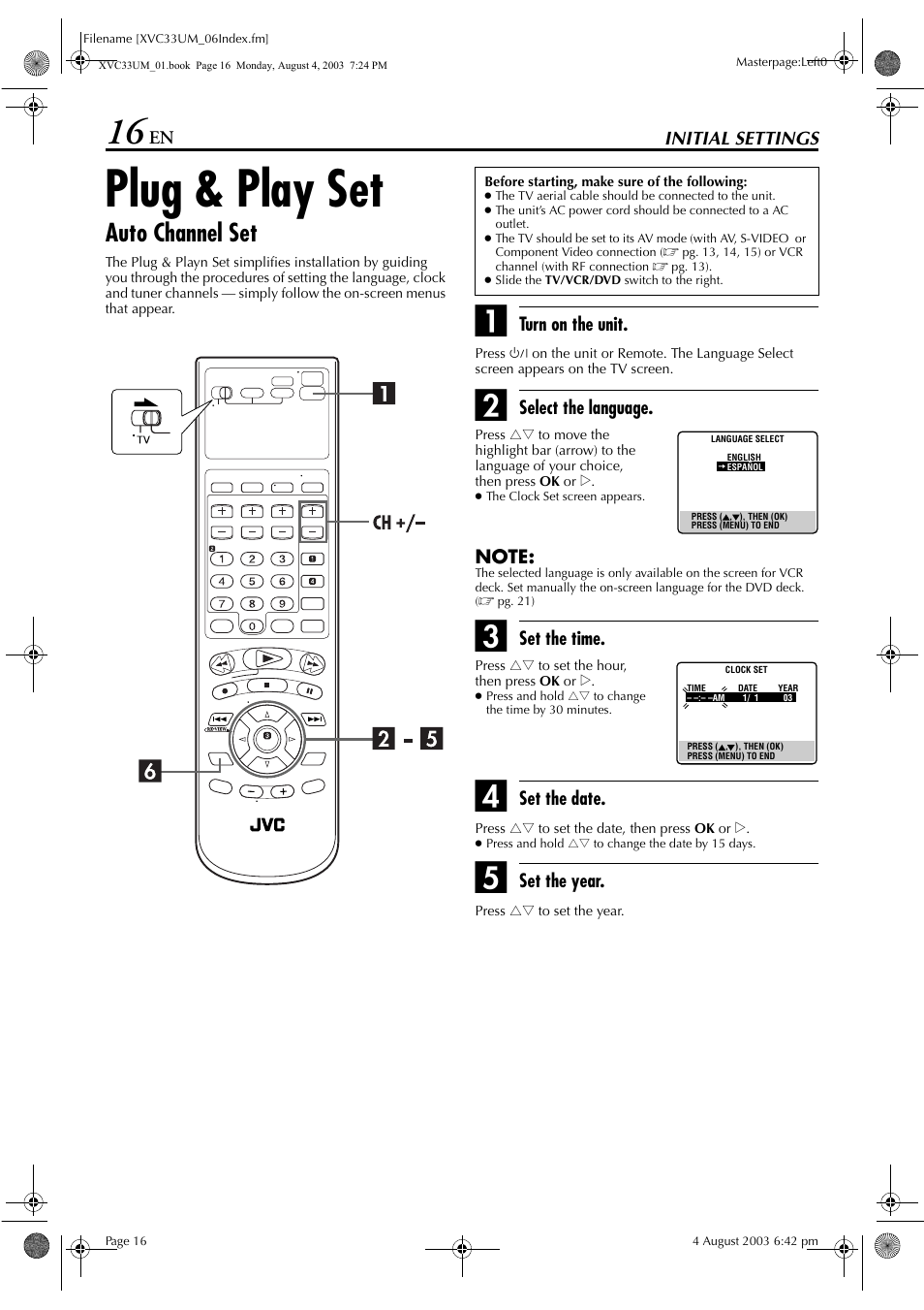Initial settings, Plug & play set, Auto channel set | JVC HR-XVC33UM User Manual | Page 16 / 92