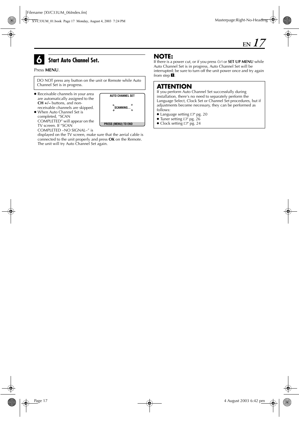 Start auto channel set, Attention | JVC HR-XVC33UM User Manual | Page 17 / 92