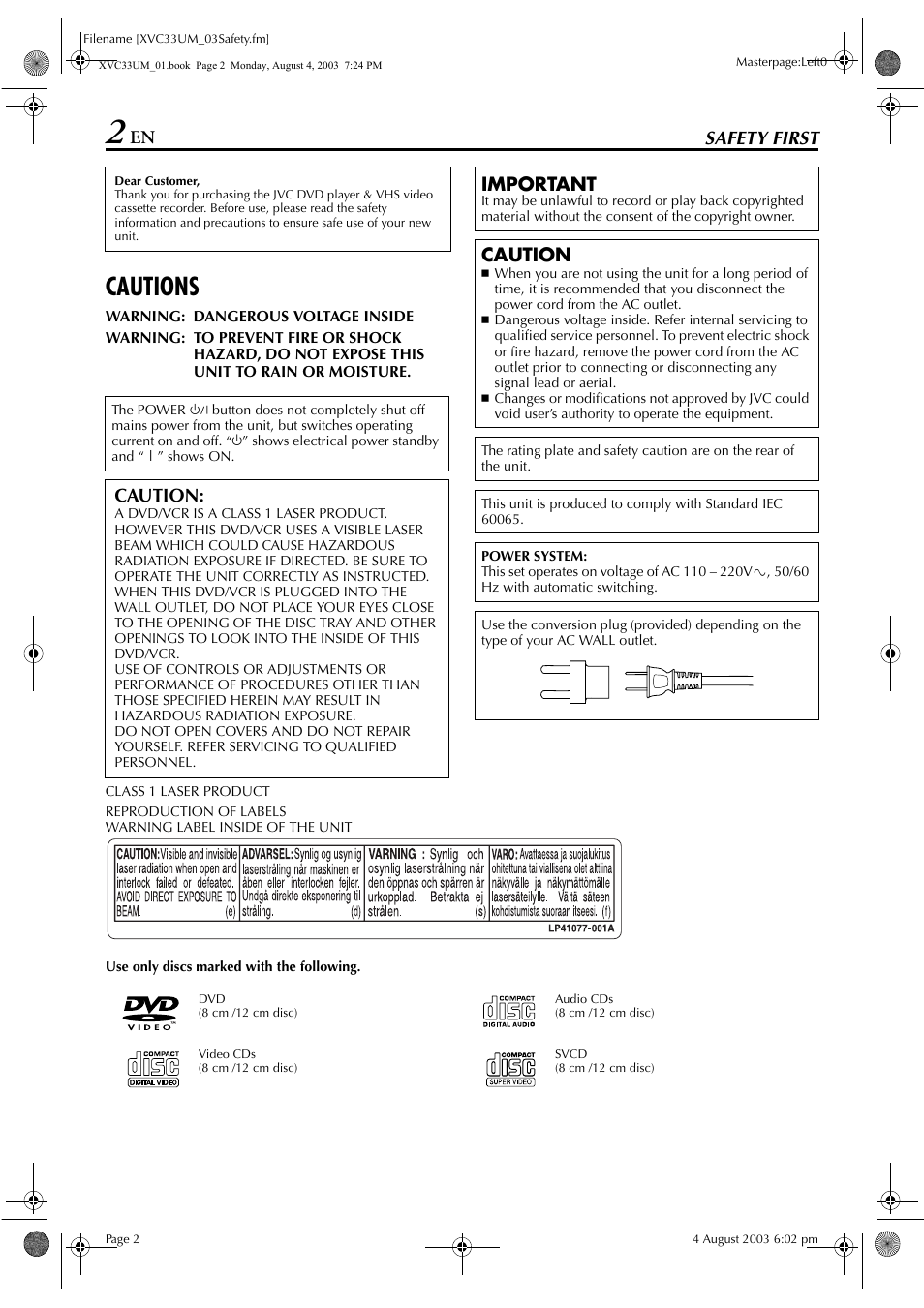 Safety first, Cautions, Caution | Important | JVC HR-XVC33UM User Manual | Page 2 / 92