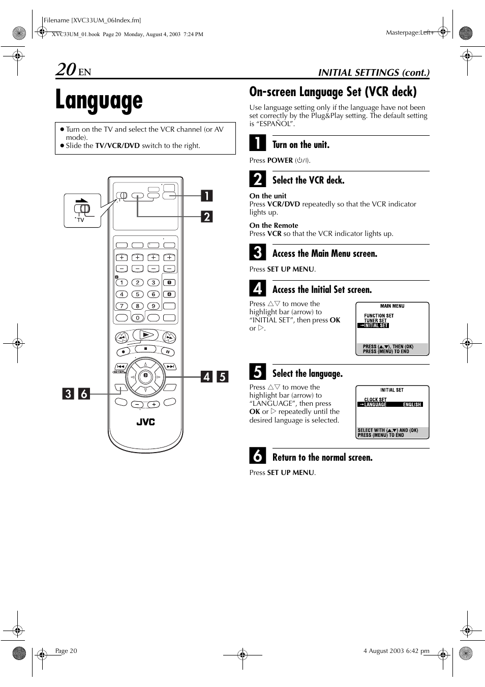 Language, On-screen language set (vcr deck), Pg. 20 | JVC HR-XVC33UM User Manual | Page 20 / 92