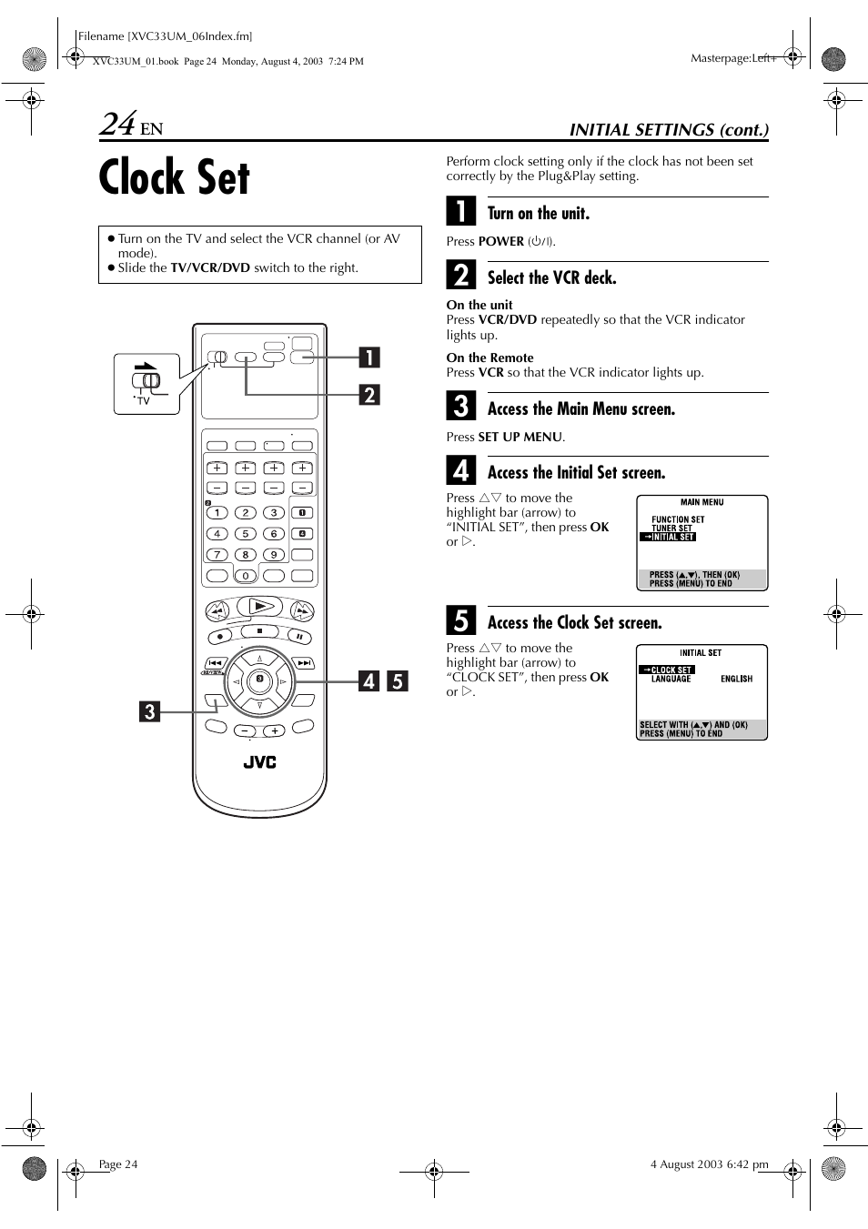Clock set, Pg. 24 | JVC HR-XVC33UM User Manual | Page 24 / 92