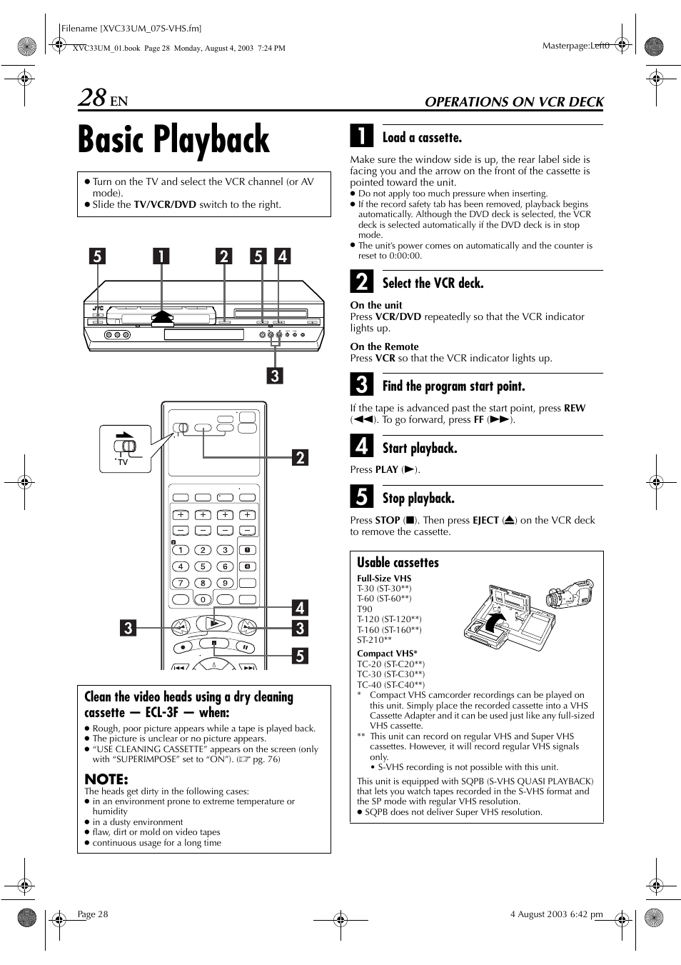 Operations on vcr deck, Basic playback, Pg. 28 | Vd button, Pg. 28, 3, Pg. 28, 33, Pg. 28, 29, Pg. 28, 2 | JVC HR-XVC33UM User Manual | Page 28 / 92