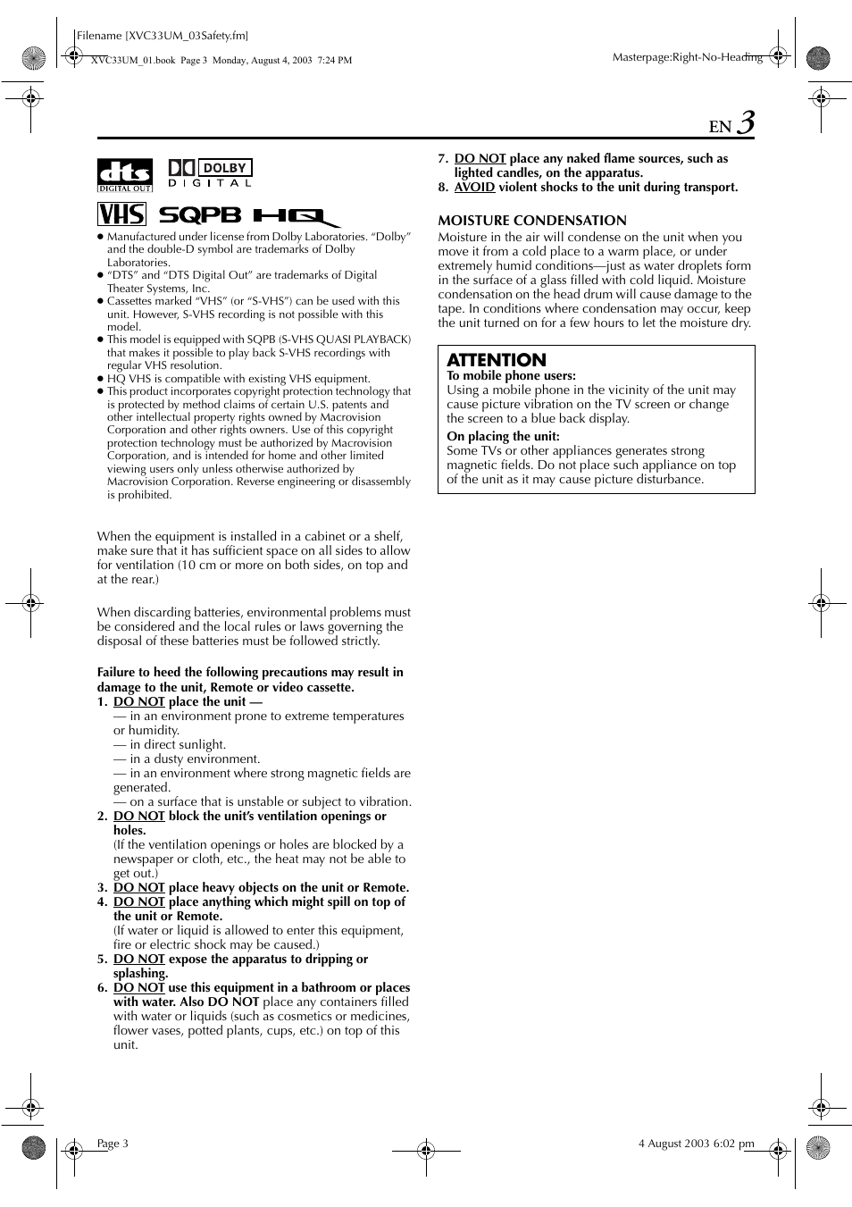 Attention | JVC HR-XVC33UM User Manual | Page 3 / 92