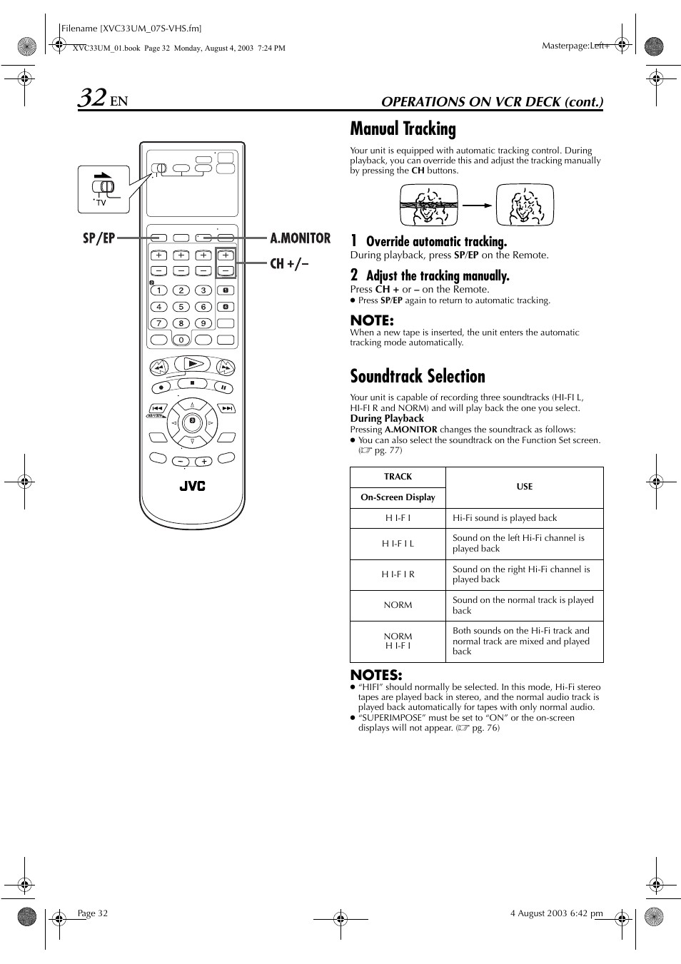 Manual tracking, Soundtrack selection, Pg. 32 | Operations on vcr deck (cont.), Override automatic tracking, Adjust the tracking manually | JVC HR-XVC33UM User Manual | Page 32 / 92