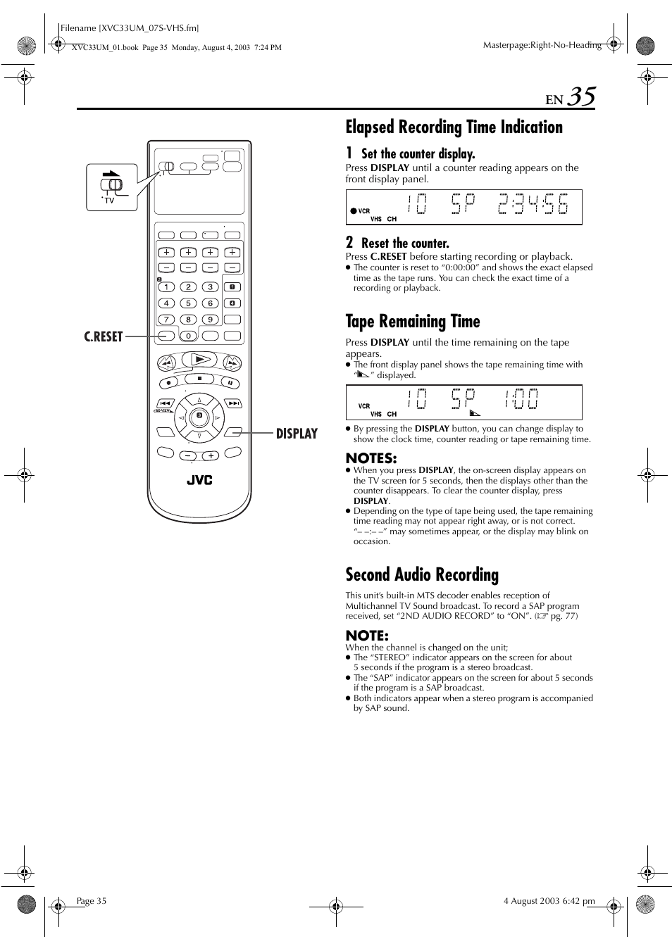 Elapsed recording time indication, Tape remaining time, Second audio recording | Pg. 35, Set the counter display, Reset the counter | JVC HR-XVC33UM User Manual | Page 35 / 92