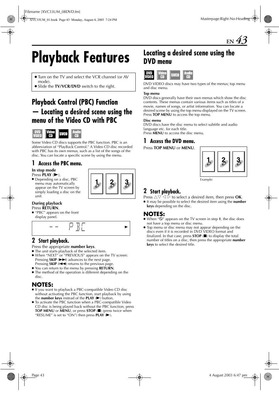 Playback features, Playback control (pbc) function, Locating a desired scene using the dvd menu | Pg. 43, Pg. 43) or “locating a desired, Scene using the dvd menu, Pg. 43), Access the pbc menu, Start playback, Access the dvd menu | JVC HR-XVC33UM User Manual | Page 43 / 92