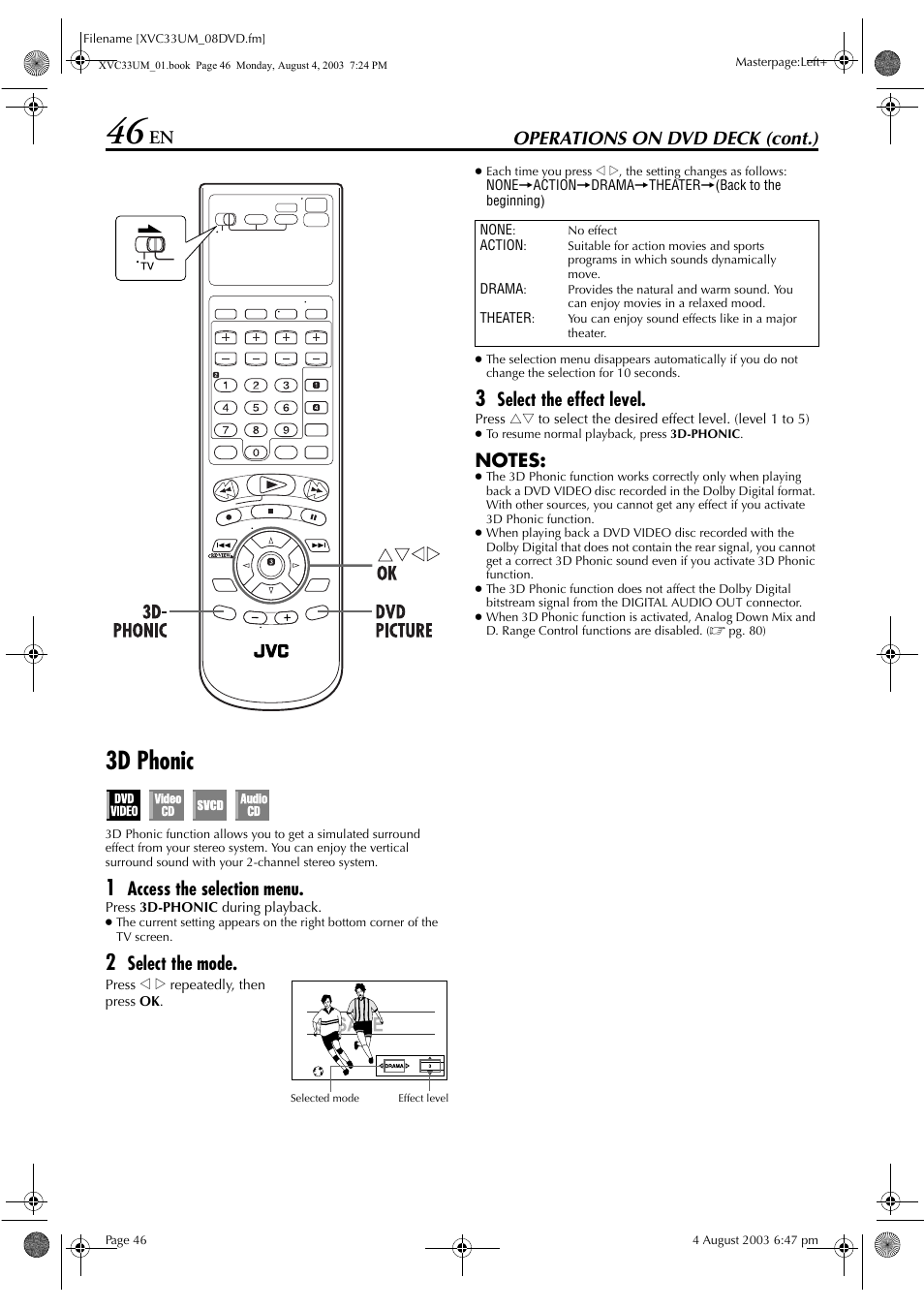 3d phonic, Pg. 46, Operations on dvd deck (cont.) | Access the selection menu, Select the mode, Select the effect level | JVC HR-XVC33UM User Manual | Page 46 / 92