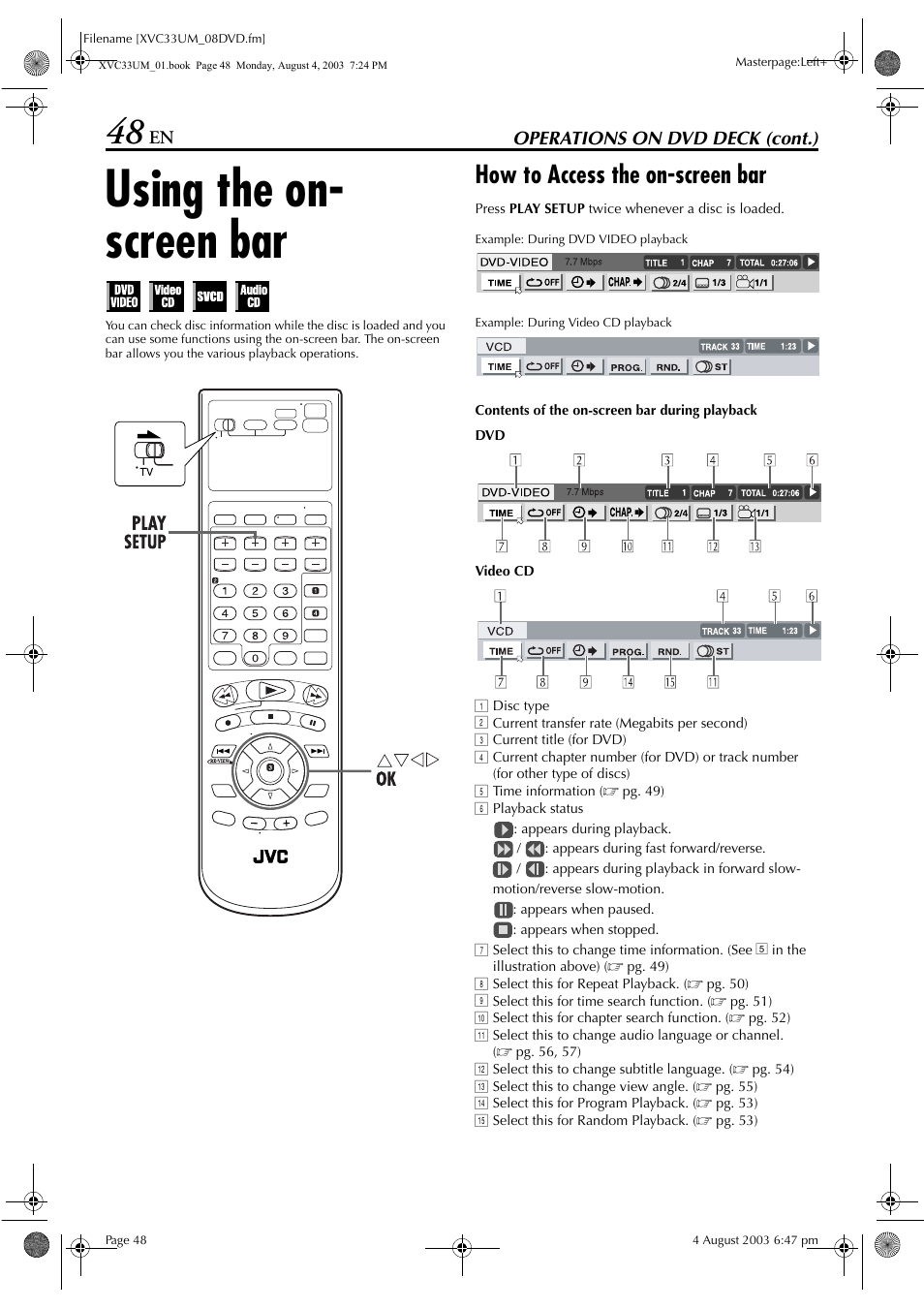 Using the on- screen bar, How to access the on-screen bar, Using the on-screen bar | To “using the on-screen bar, Pg. 48), Pg. 48 | JVC HR-XVC33UM User Manual | Page 48 / 92