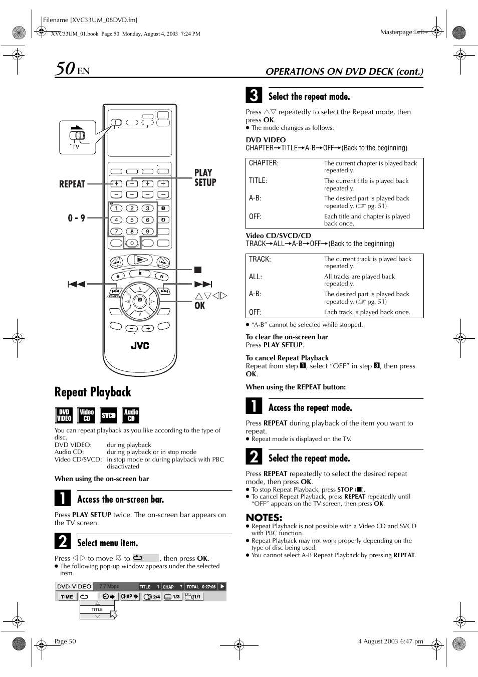 Repeat playback, Pg. 50, 6, Pg. 50) | JVC HR-XVC33UM User Manual | Page 50 / 92