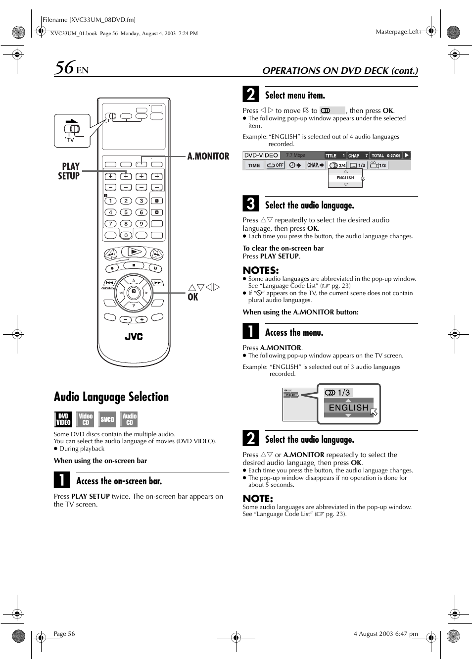 Audio language selection, Pg. 56 | JVC HR-XVC33UM User Manual | Page 56 / 92
