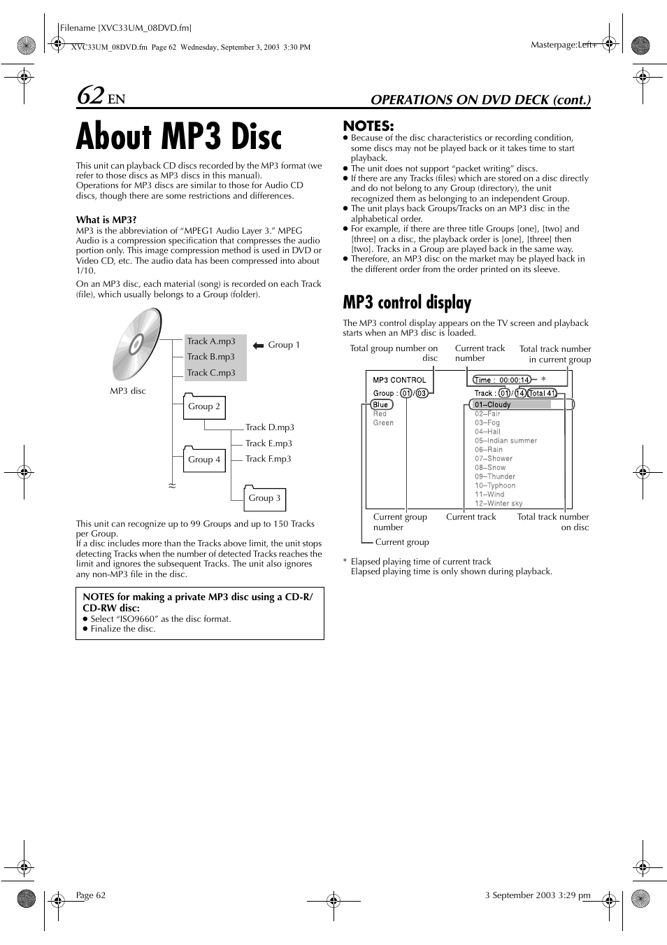 About mp3 disc, Mp3 control display, Operations on dvd deck (cont.) | JVC HR-XVC33UM User Manual | Page 62 / 92