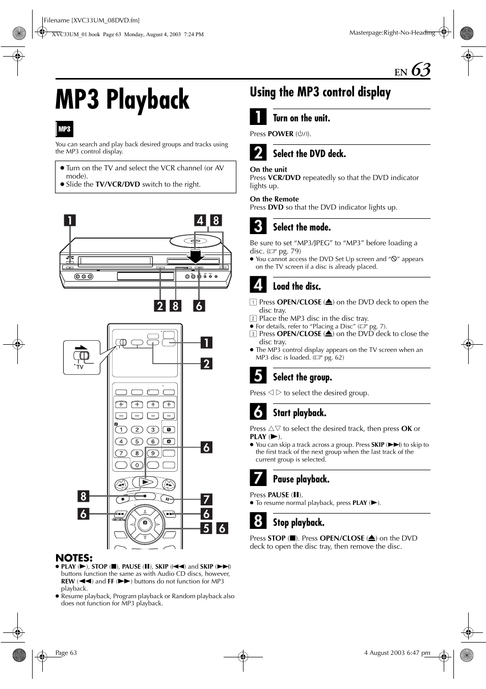 Mp3 playback, Using the mp3 control display | JVC HR-XVC33UM User Manual | Page 63 / 92
