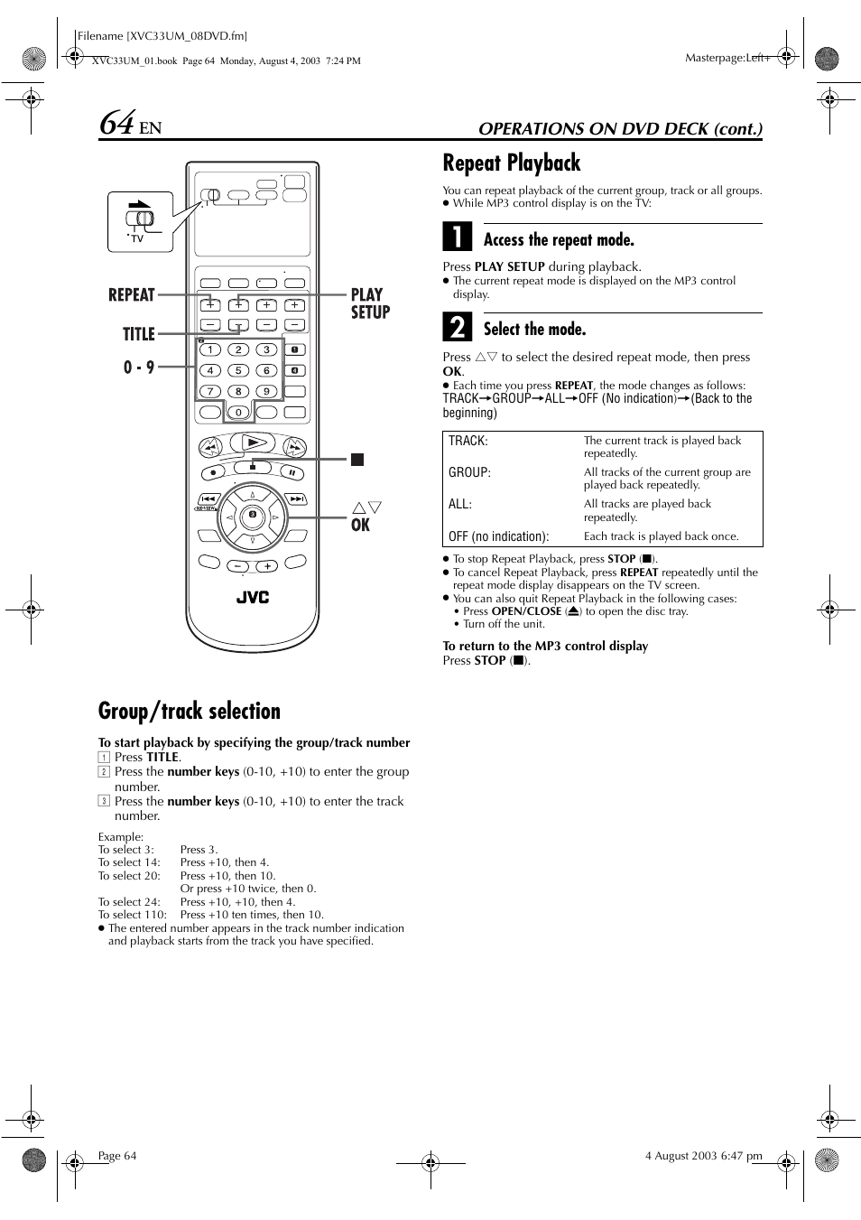 Group/track selection, Repeat playback, Pg. 64 | Operations on dvd deck (cont.), Access the repeat mode, Select the mode | JVC HR-XVC33UM User Manual | Page 64 / 92