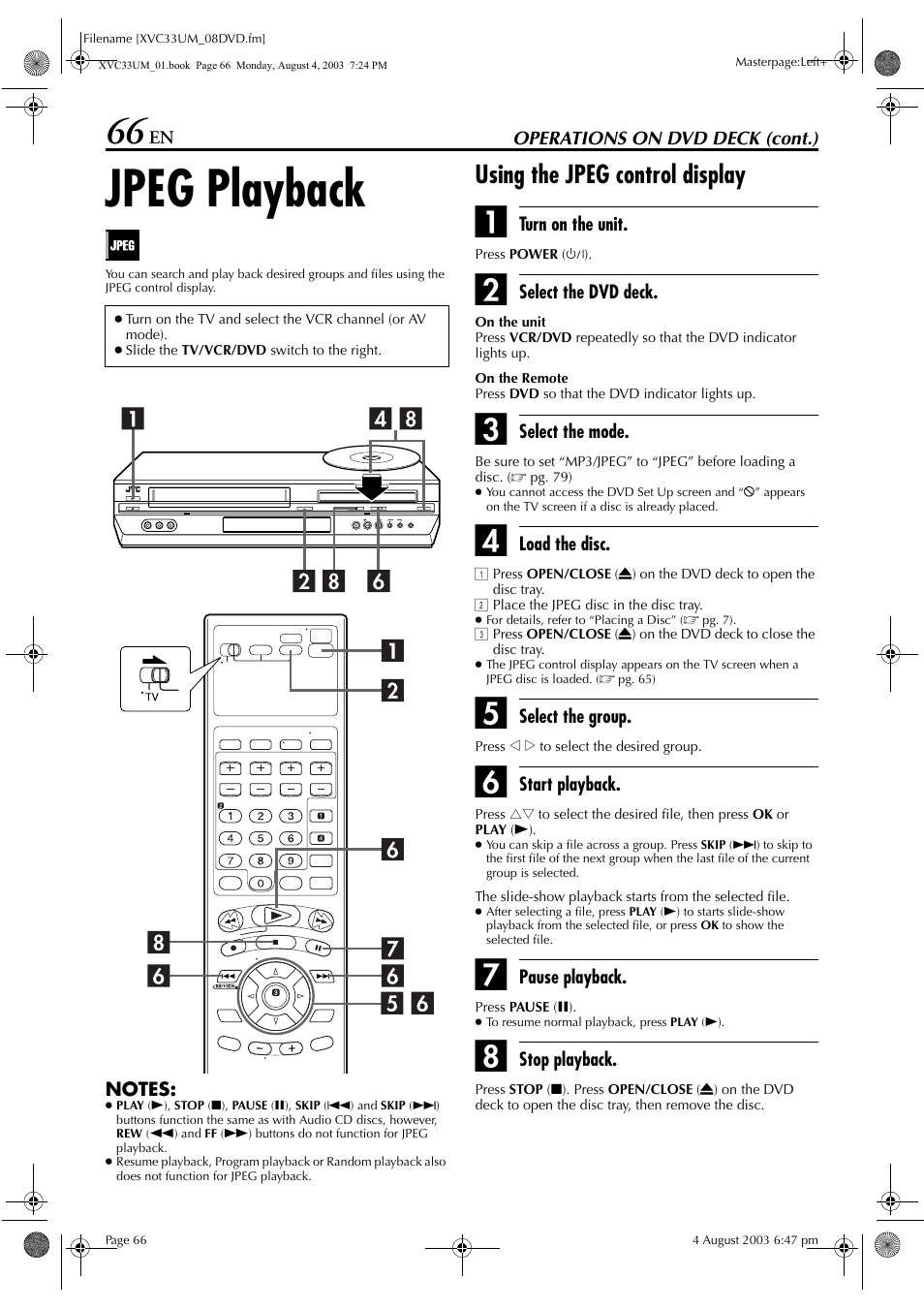 Jpeg playback, Using the jpeg control display | JVC HR-XVC33UM User Manual | Page 66 / 92