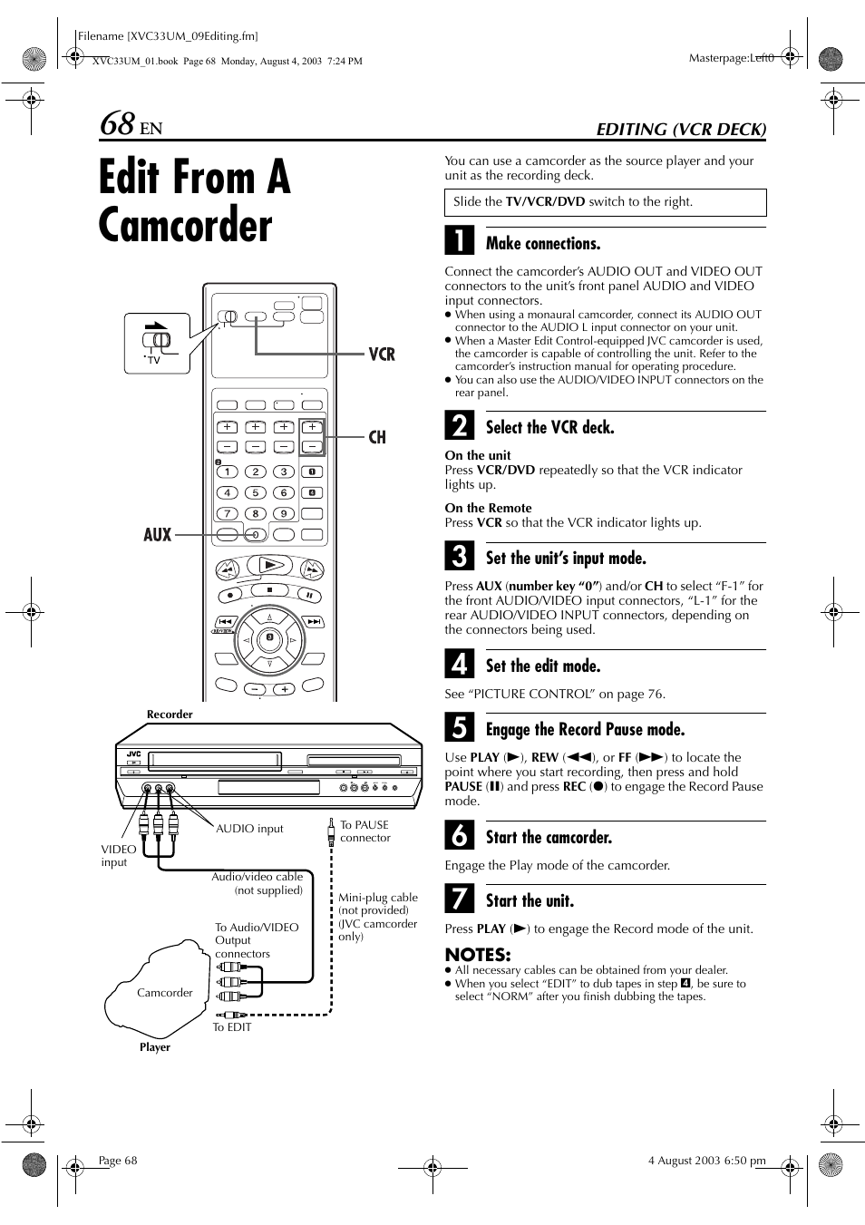 Editing (vcr deck), Edit from a camcorder, Pg. 68 | JVC HR-XVC33UM User Manual | Page 68 / 92
