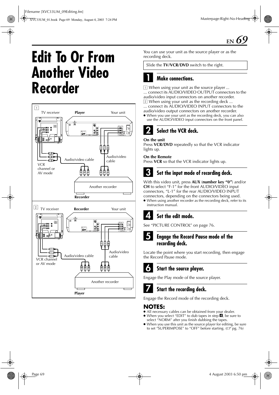 Edit to or from another video recorder | JVC HR-XVC33UM User Manual | Page 69 / 92