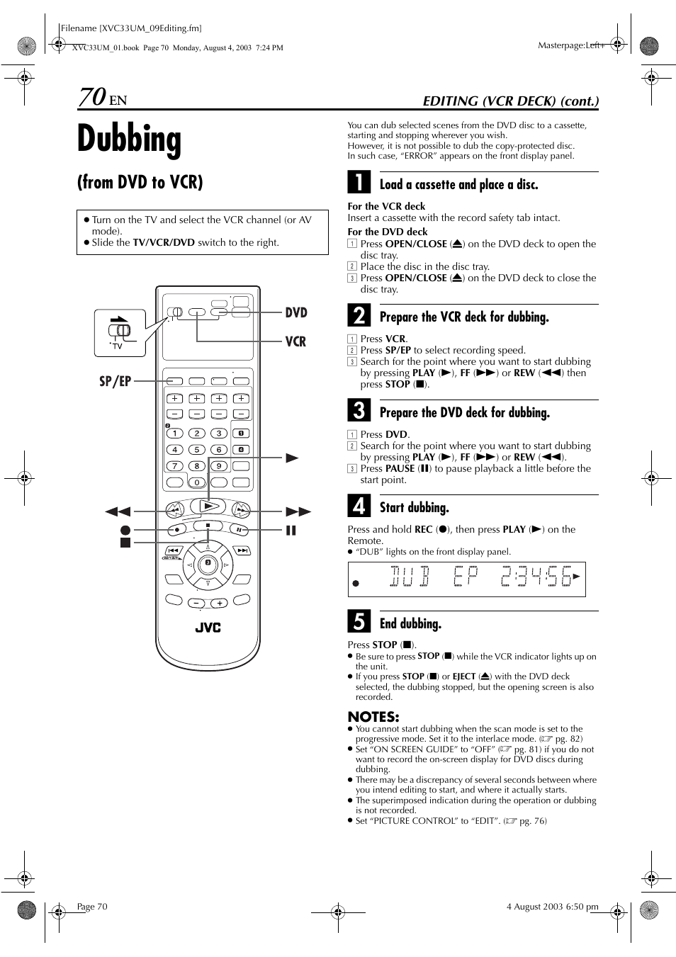 Dubbing (from dvd to vcr), Dubbing | JVC HR-XVC33UM User Manual | Page 70 / 92