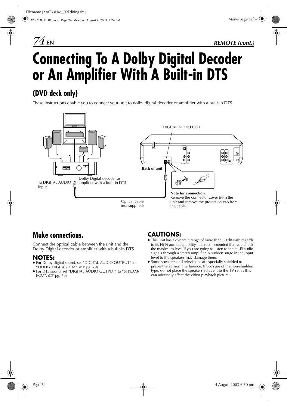 Make connections, Connecting to a dolby digital decoder or, An amplifier with a built-in dts (dvd deck only) | Dvd deck only) | JVC HR-XVC33UM User Manual | Page 74 / 92