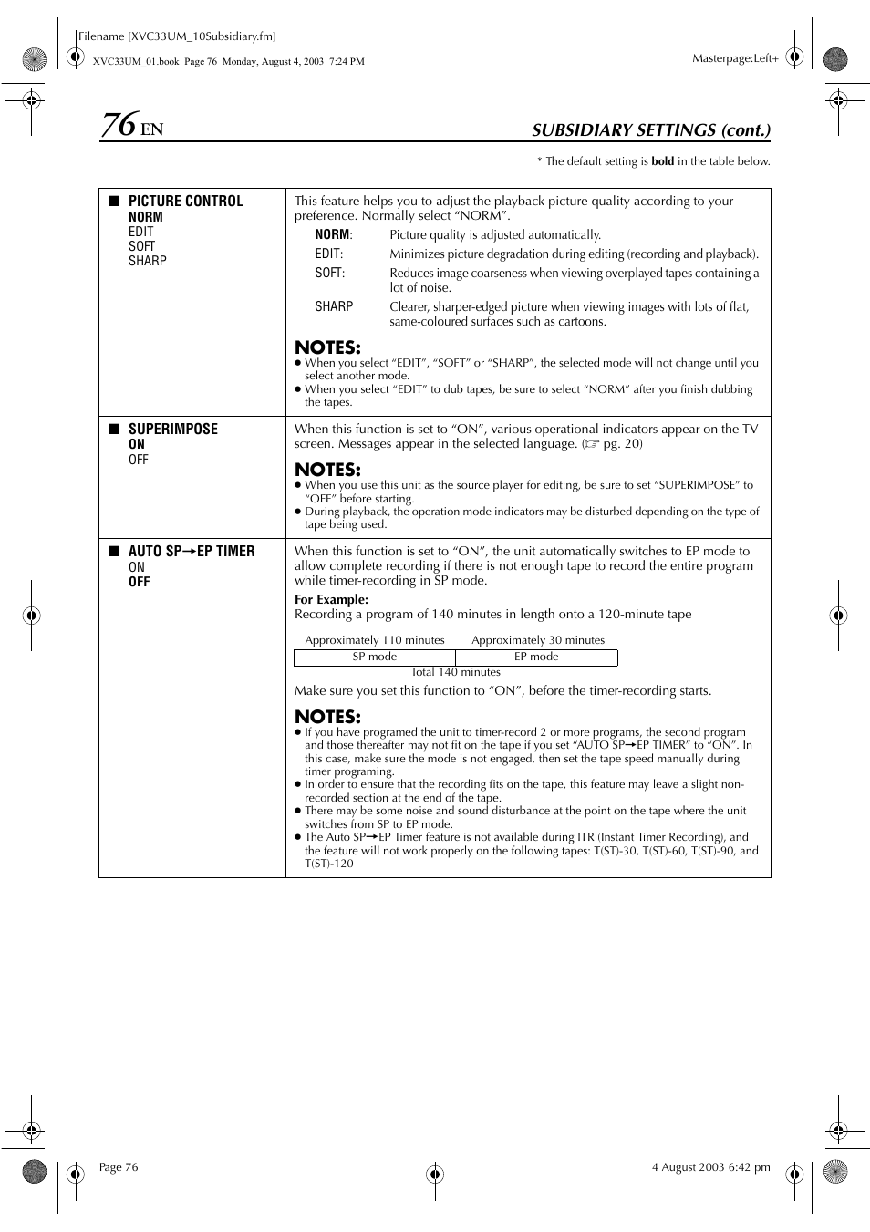 Pg. 76), See “picture control, Starting | Subsidiary settings (cont.) | JVC HR-XVC33UM User Manual | Page 76 / 92