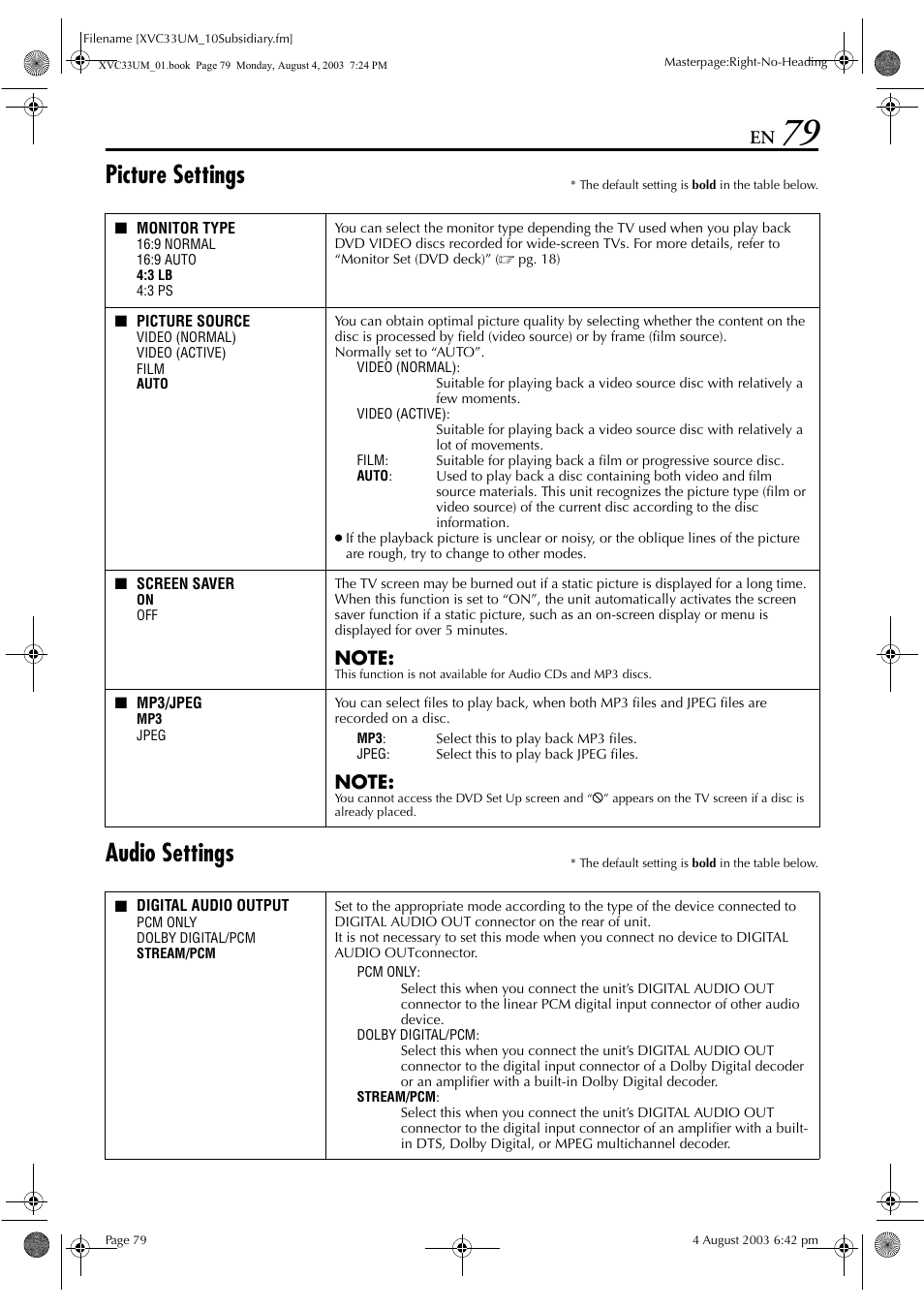 Disc, Pg. 79), Picture settings | Audio settings | JVC HR-XVC33UM User Manual | Page 79 / 92