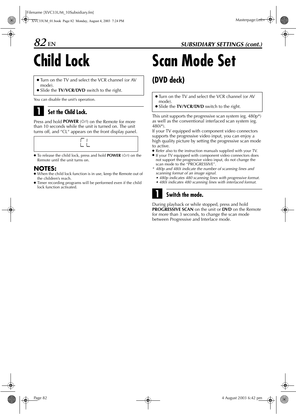 Child lock, Scan mode set (dvd deck), Child lock scan mode set (dvd deck) | Pg. 82, Set it to the interlace mode, Pg. 82), Scan mode set, Dvd deck) | JVC HR-XVC33UM User Manual | Page 82 / 92