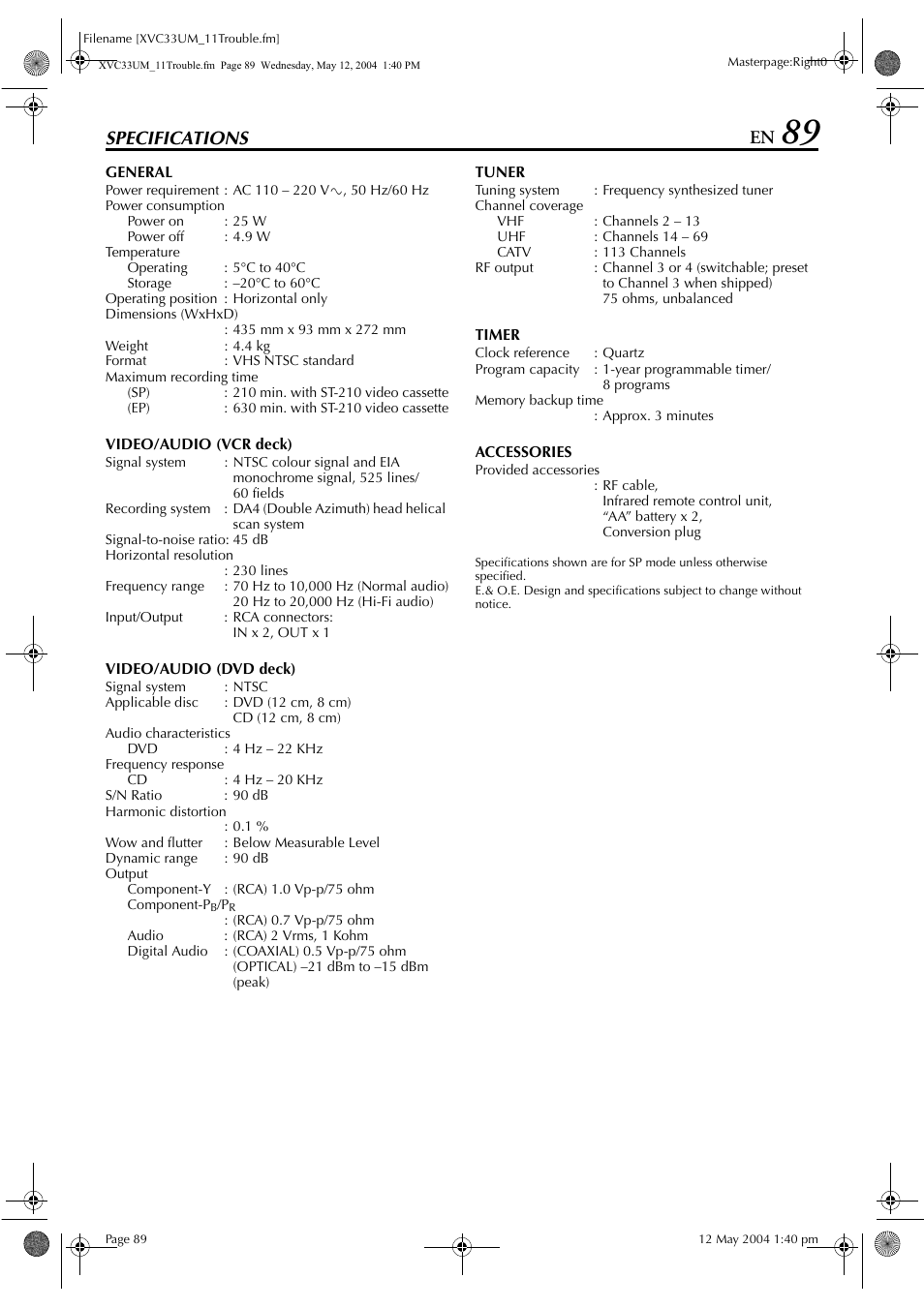 Specifications, Specifications 89, Specifications” on | JVC HR-XVC33UM User Manual | Page 89 / 92