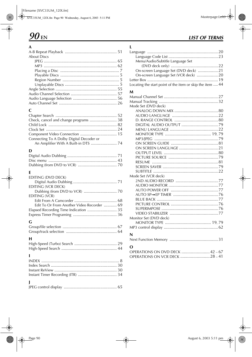 List of terms | JVC HR-XVC33UM User Manual | Page 90 / 92