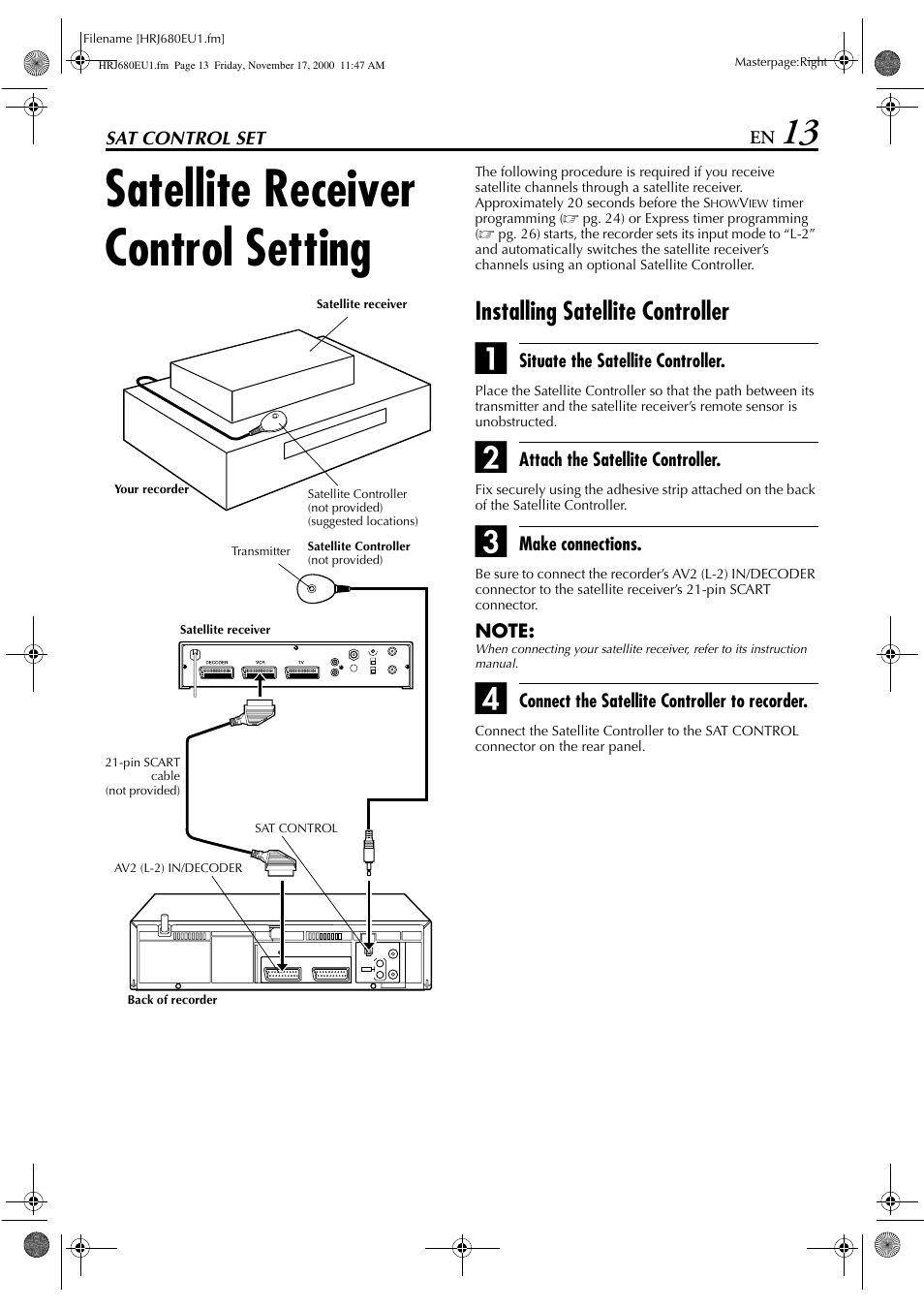 Sat control set, Satellite receiver control setting, Installing satellite controller | JVC HR-J589EU User Manual | Page 13 / 56